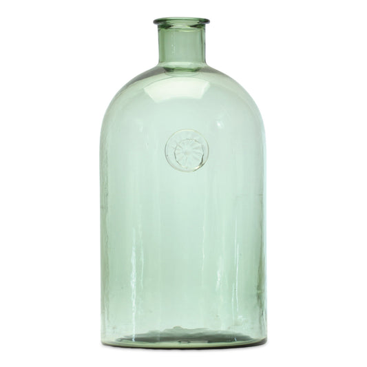 12 inch green glass bud vase with bottleneck design, translucent natural color perfect for farmhouse country home decor
