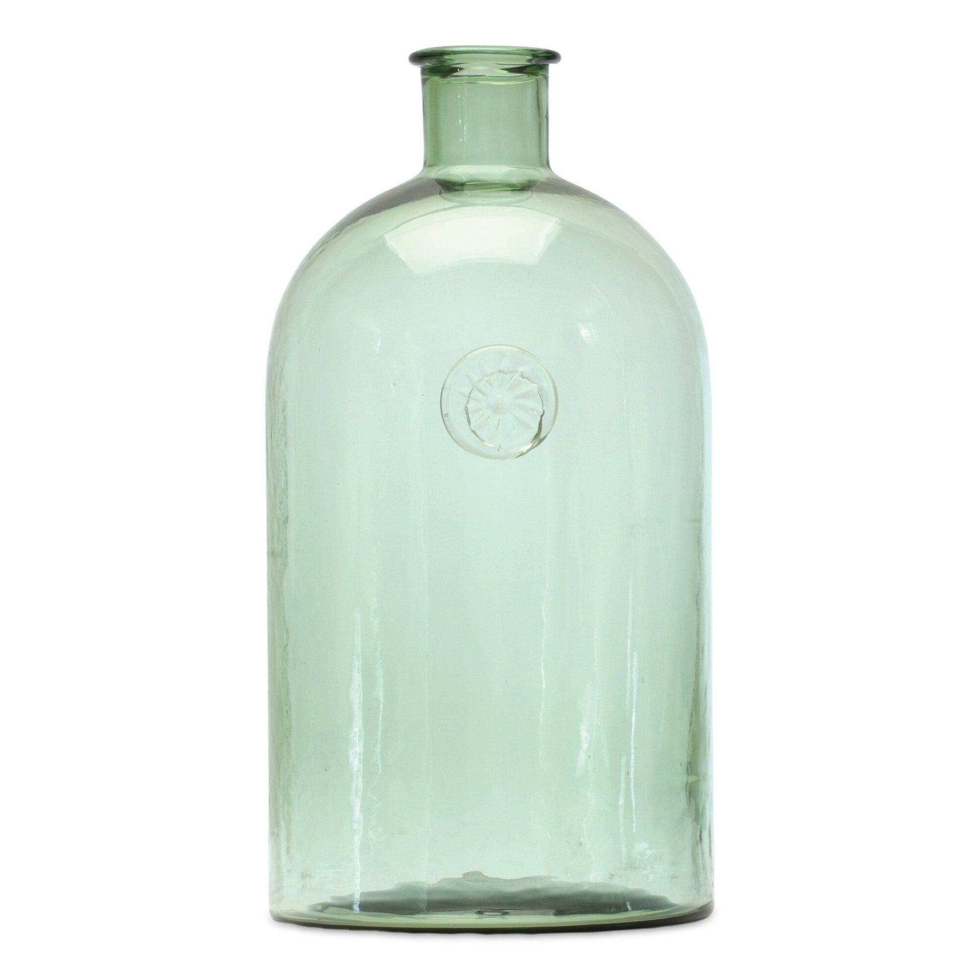 Green glass table vase showing unique bottleneck shape and crystal glass construction, 12 inch rustic botanical decor
