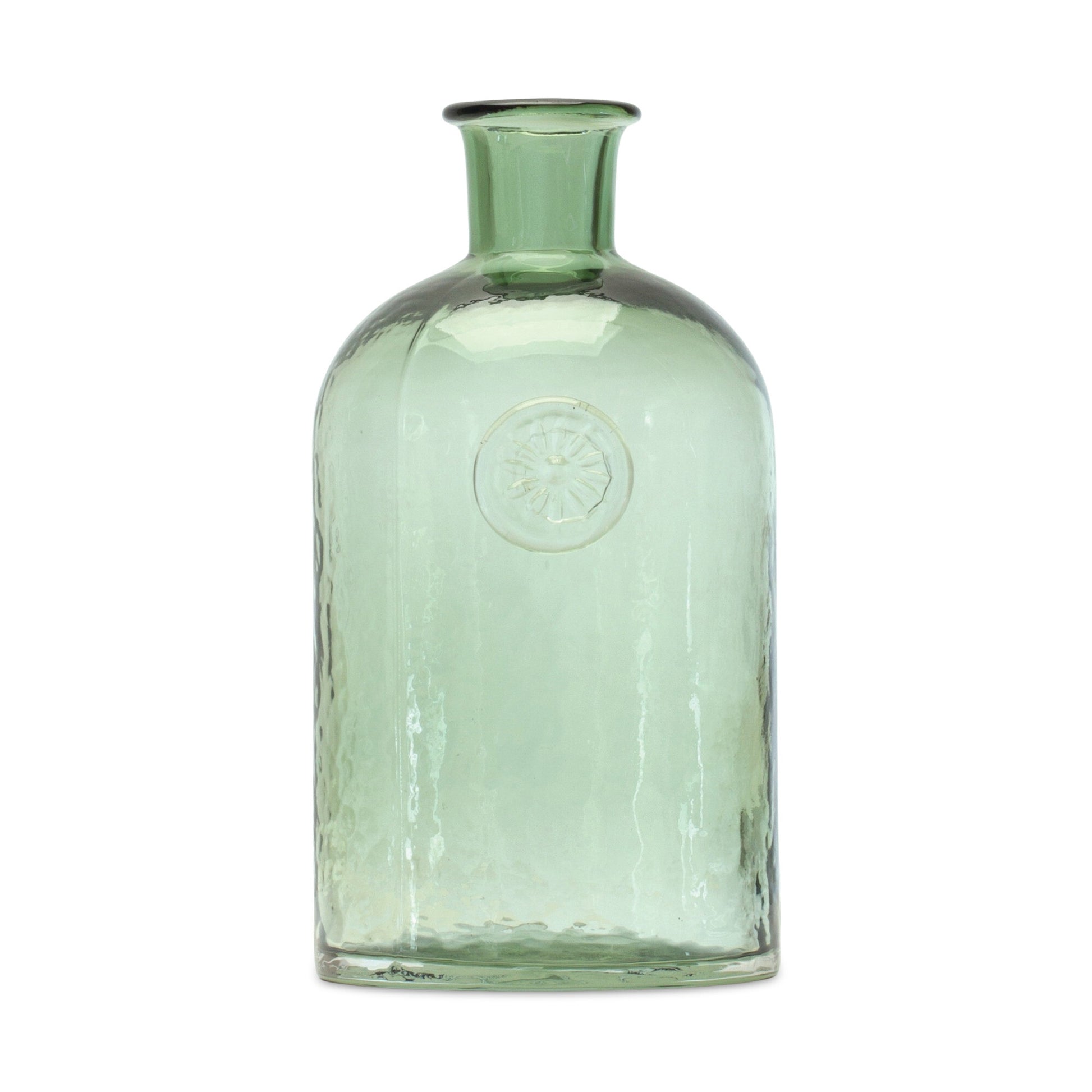 Emerald green glass vase with bud design, 9 inch botanical table centerpiece
