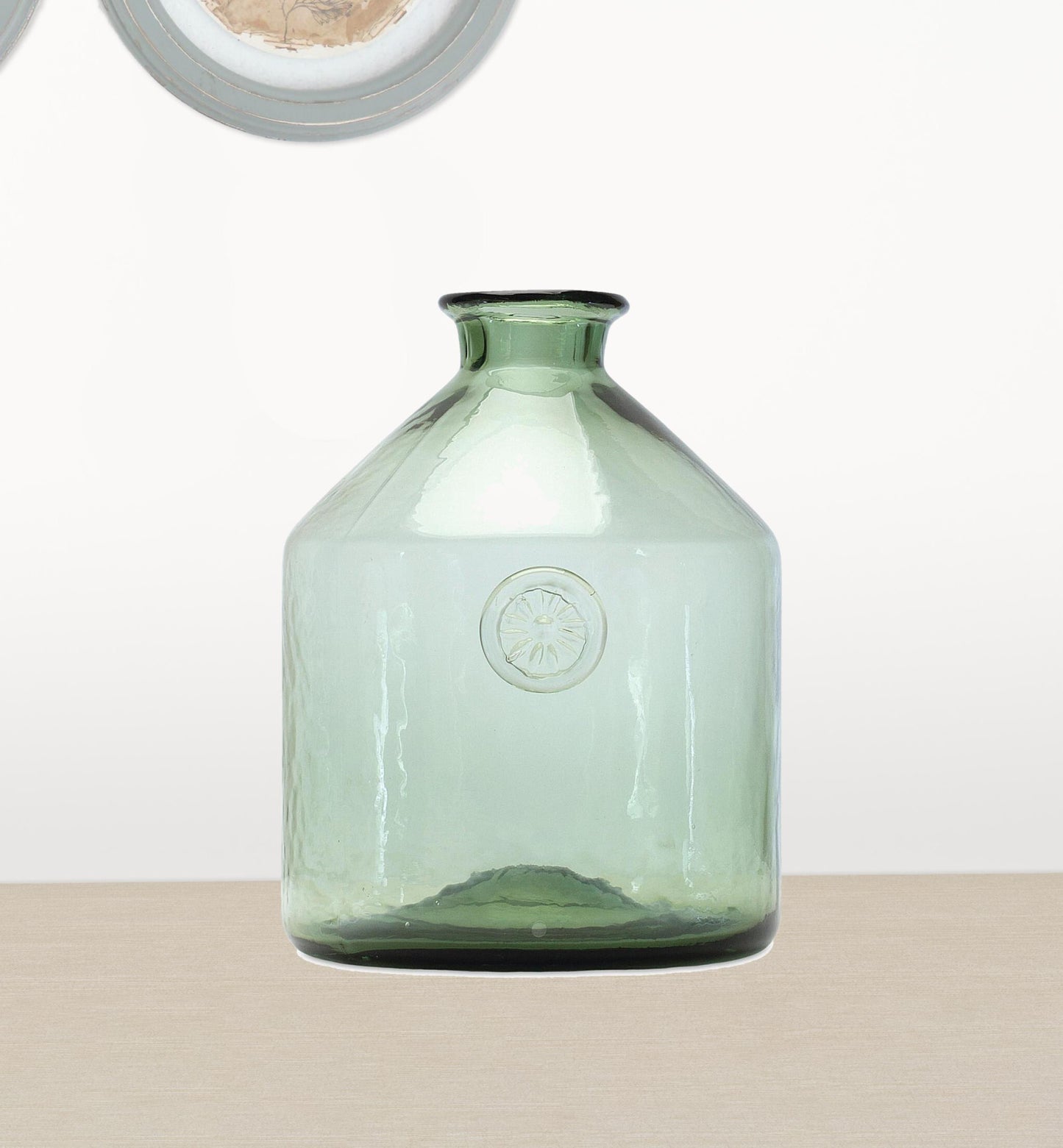 Contemporary sage green cylinder vase detail view, 9 inch calming glass centerpiece
