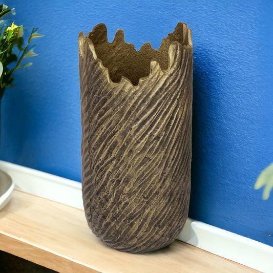 17 inch gold abstract aluminum vase with distressed finish, modern sculptural table decor for contemporary home
