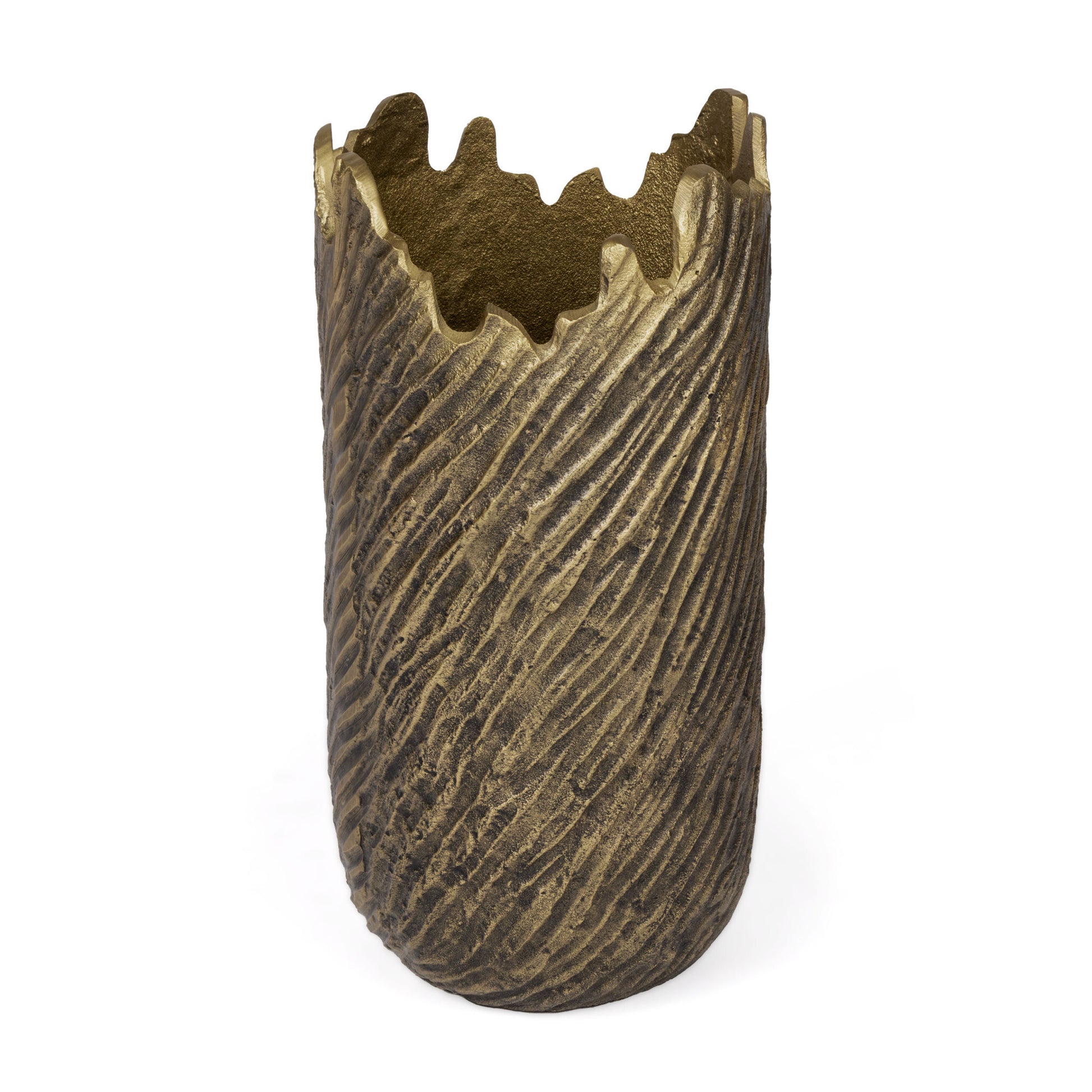 Modern gold vase detail view showing distressed metal finish, 17 inch contemporary centerpiece
