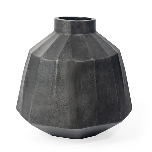 11 inch gray geometric round aluminum vase with modern design, sculptural table decor for contemporary home
