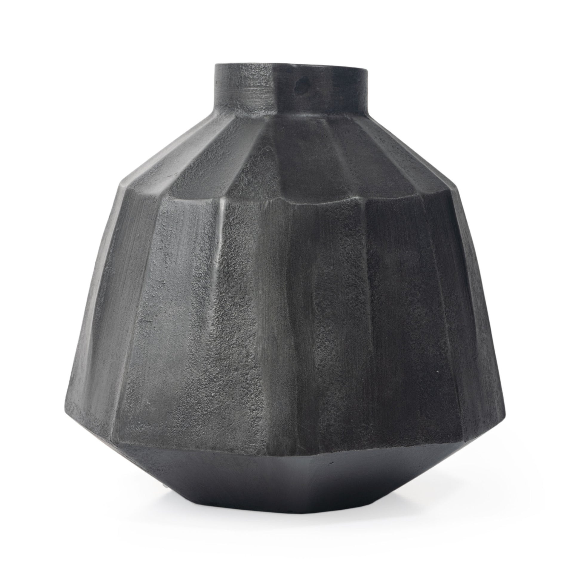 11 inch gray round aluminum vase with geometric details, modern home decor accent
