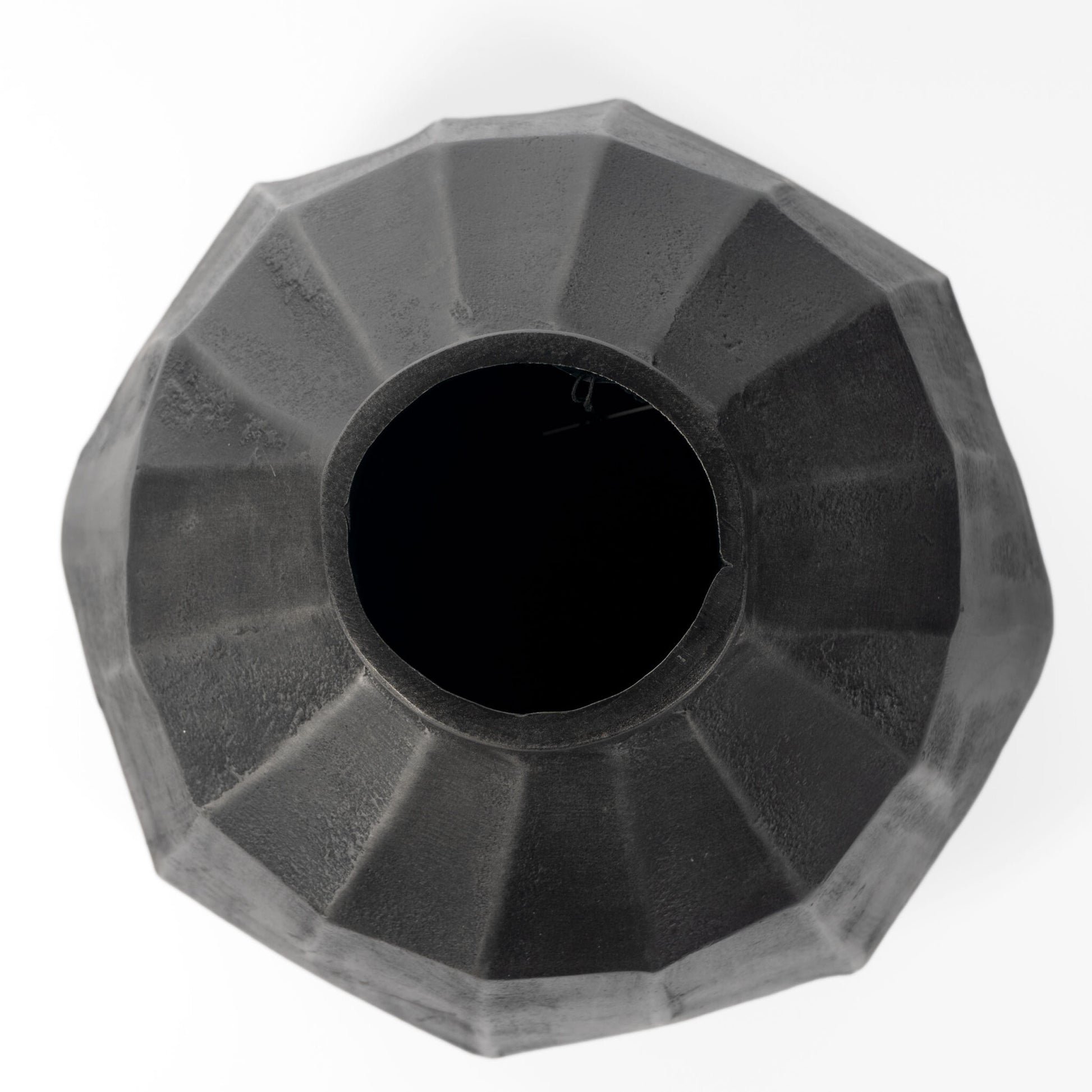 Gray aluminum round vase side view, 11 inch modern geometric home accent
