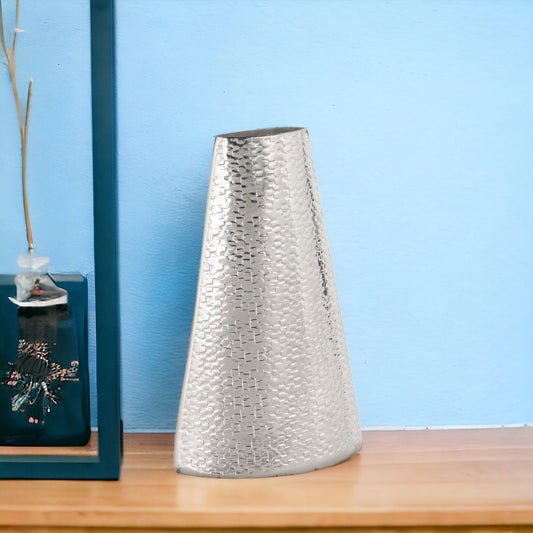 10 inch silver hammered cone aluminum vase with textured finish, modern contemporary table decor for home
