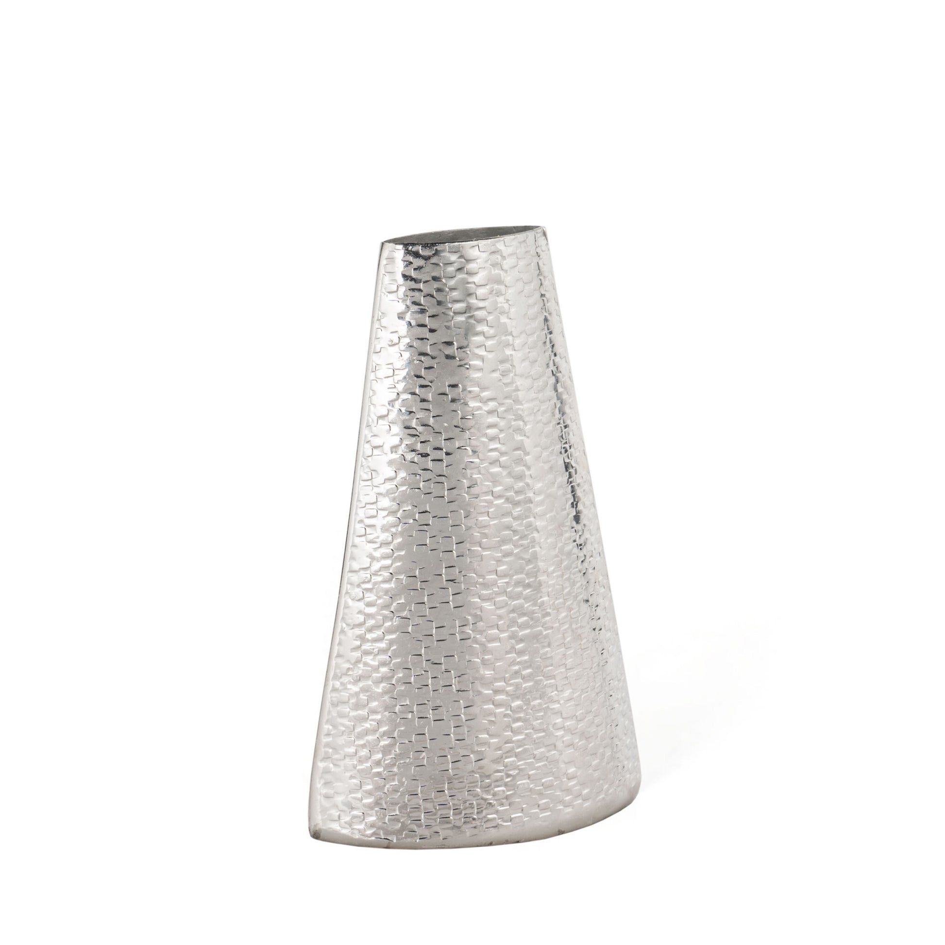 Hammered aluminum cone vase detail view showing textured surface, 10 inch contemporary centerpiece
