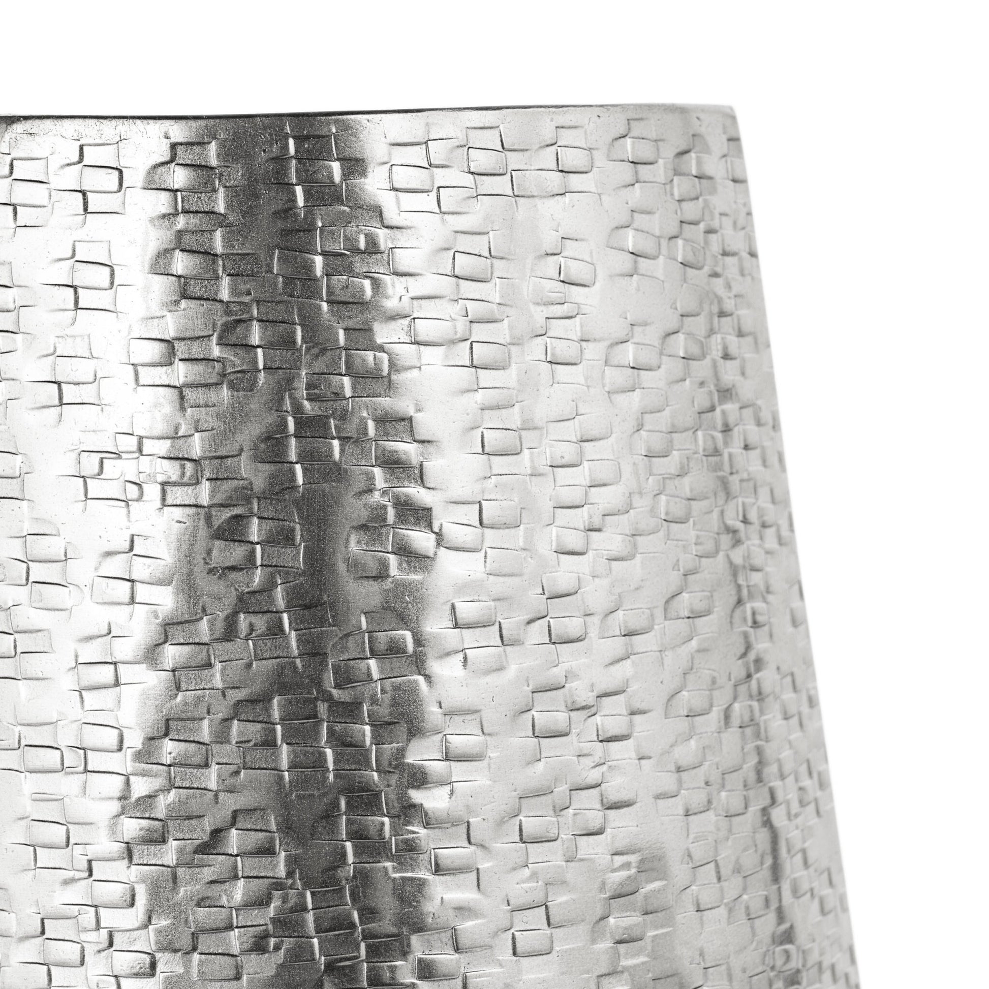 Contemporary silver hammered vase showing light-catching texture, 10 inch modern home decor
