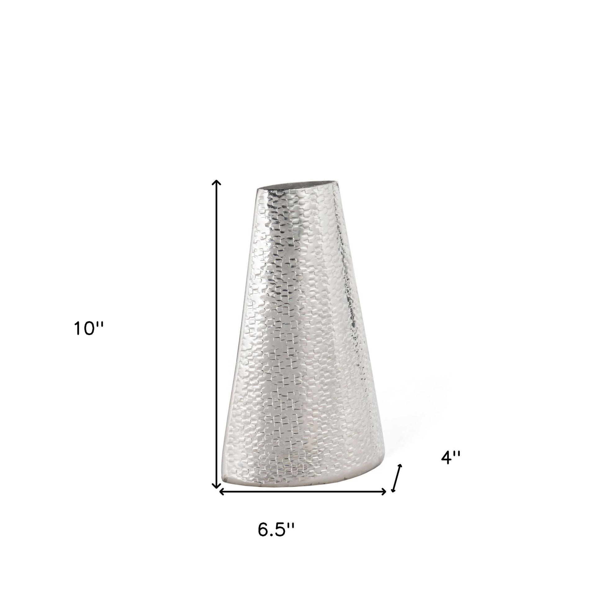 10 inch silver hammered cone aluminum vase full view, modern textured decor statement piece

