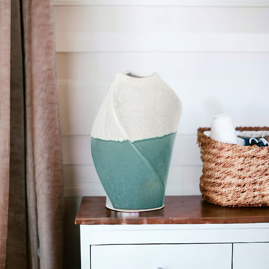 12-inch green and ivory ombre ceramic vase with wavy textured surface, modern organic table decor

