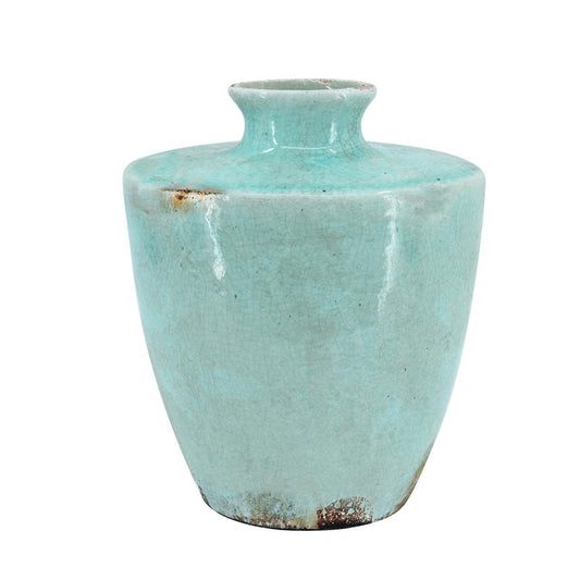 12 inch aqua terracotta round vase with crackle glaze finish, coastal rustic table decor piece
