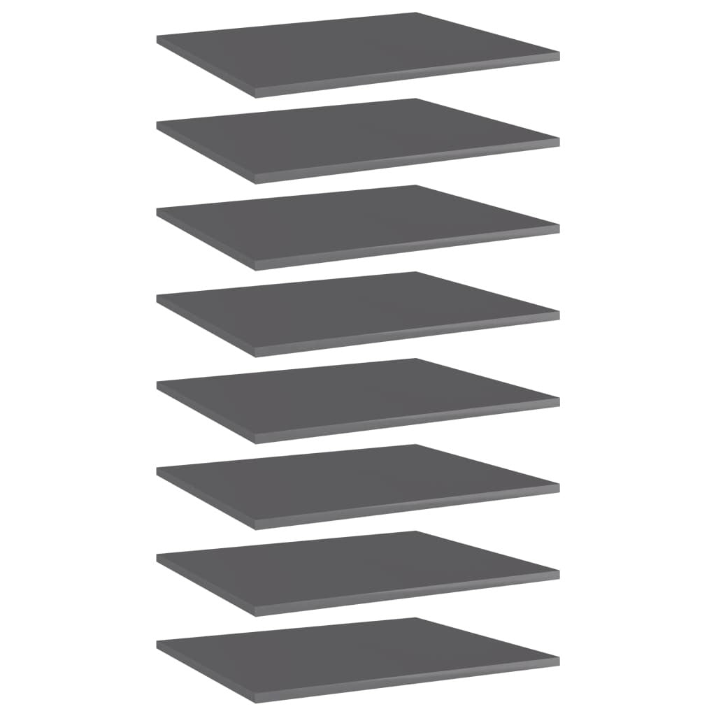 Set of 8 high gloss gray floating shelves stacked showing engineered wood construction and sleek finish
