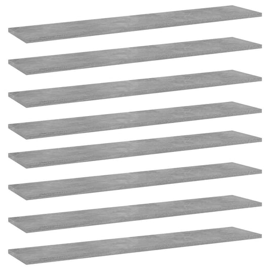 Set of 8 concrete gray floating bookshelf boards stacked showing engineered wood construction and matte finish
