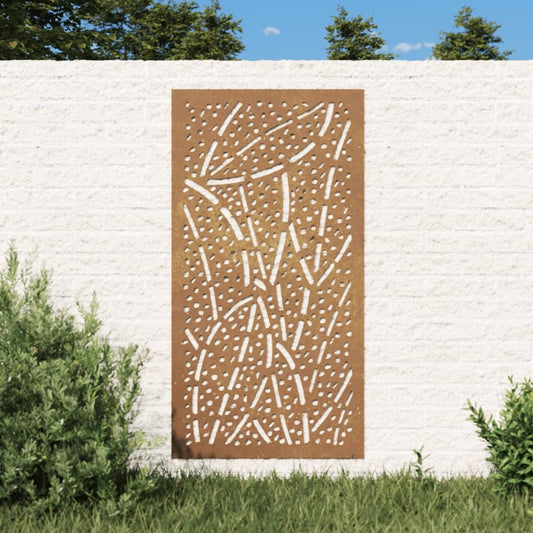 Garden wall decoration rusty corten steel medium 21.7x41.3 inches with hollow leaf pattern installed in outdoor garden setting
