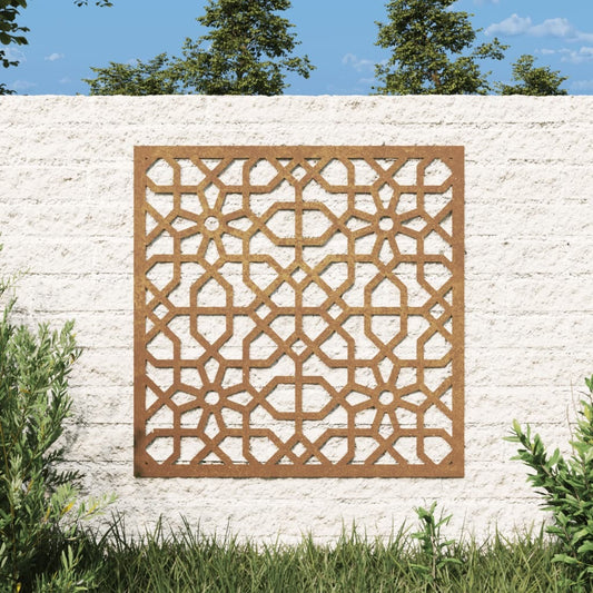 Garden wall decoration corten steel medium 21.7x21.7 inches with Moorish pattern installed in outdoor garden setting
