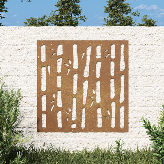 Garden wall decoration rusty corten steel 21.7x21.7 inches with bamboo pattern installed in outdoor garden setting
