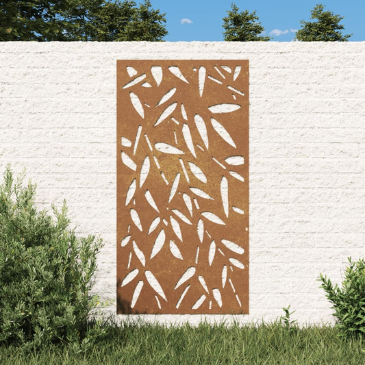 Garden wall decoration corten steel with rustic weathering art panel in landscape setting
