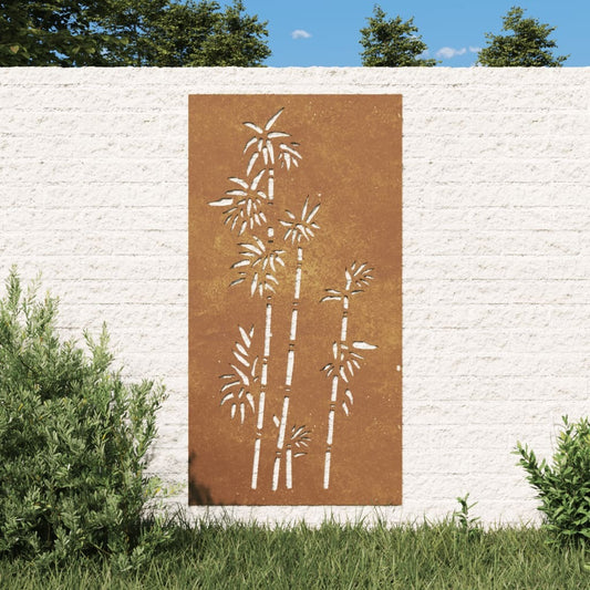 Garden wall decoration rusty corten steel medium 41.3x21.7 inches with bamboo pattern installed in outdoor setting
