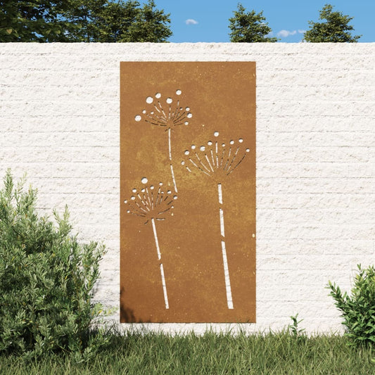 Garden wall decoration rustic corten steel 41.3x21.7 inches with floral pattern installed in outdoor garden setting
