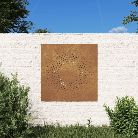 Corten steel sun garden wall decoration 21.7x21.7 inches installed in outdoor garden showing circular design
