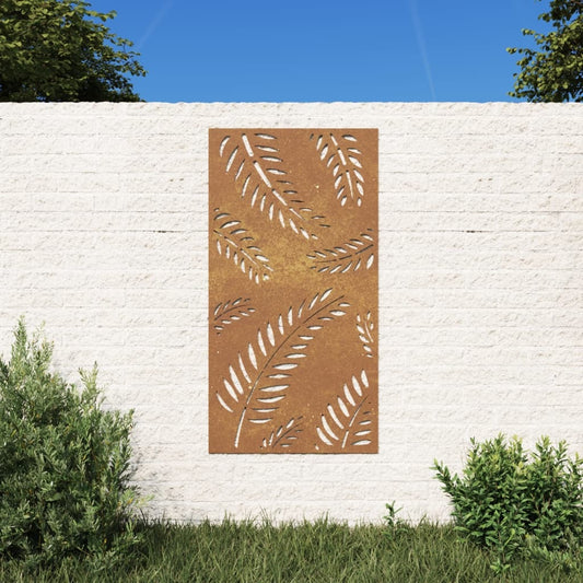 Garden wall decoration rusty corten steel large 41.3x21.7 inches with leaf design decorative inlays in outdoor setting
