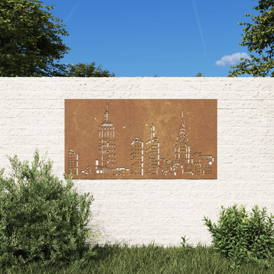 Corten steel skyline outdoor wall art with weathering metal sculpture in garden setting
