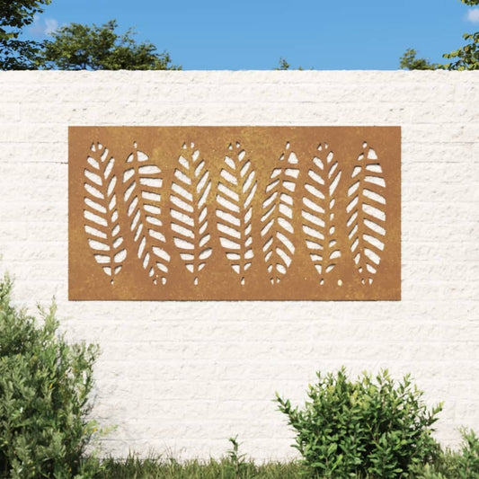 Garden wall decoration rusty brown corten steel large 41.3x21.7 inches with leaf pattern installed in outdoor garden setting
