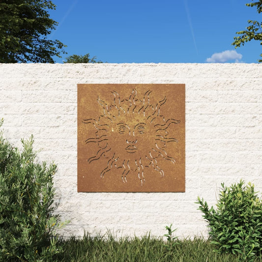 Square corten steel sun garden wall decor 21.7x21.7 inches installed in outdoor garden setting showing hollow pattern
