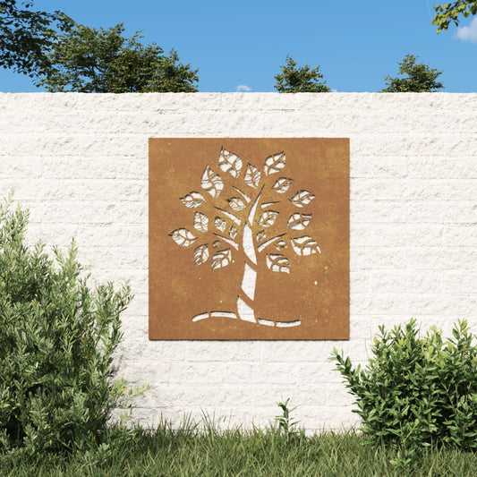 Garden wall decoration corten steel medium 21.7x21.7 inches with tree pattern installed in outdoor garden setting
