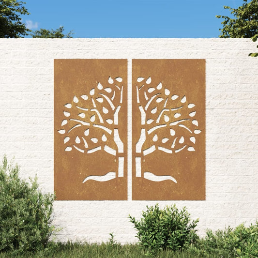 Garden wall decoration rusty corten steel 41.3x21.7 inches with hollow tree pattern installed in outdoor garden setting
