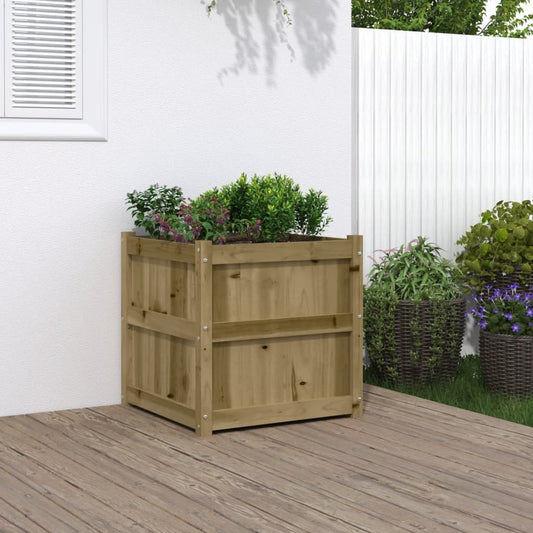 Brown treated pine wood garden planter - square 23.6 inch outdoor raised bed for flowers herbs plants
