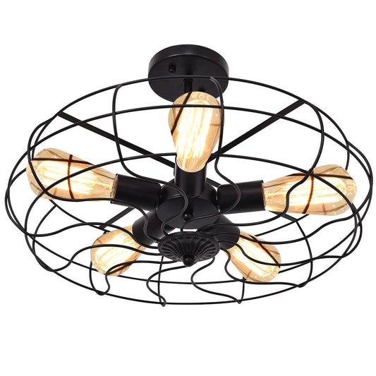 Modern 5-light black iron sphere chandelier with open cage design, industrial farmhouse style ceiling light perfect for dining room, entryway, or living room, includes bulbs
