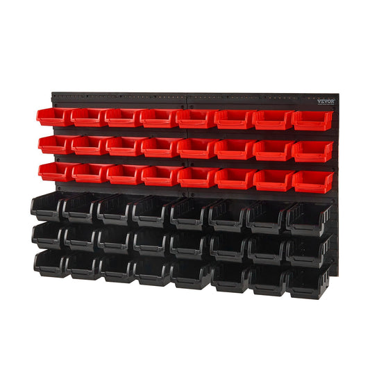 VEVOR 48-bin wall mounted storage organizer garage parts rack tool system black red plastic bins wall panels hardware organizer nuts bolts screws nails workshop storage expandable configuration
