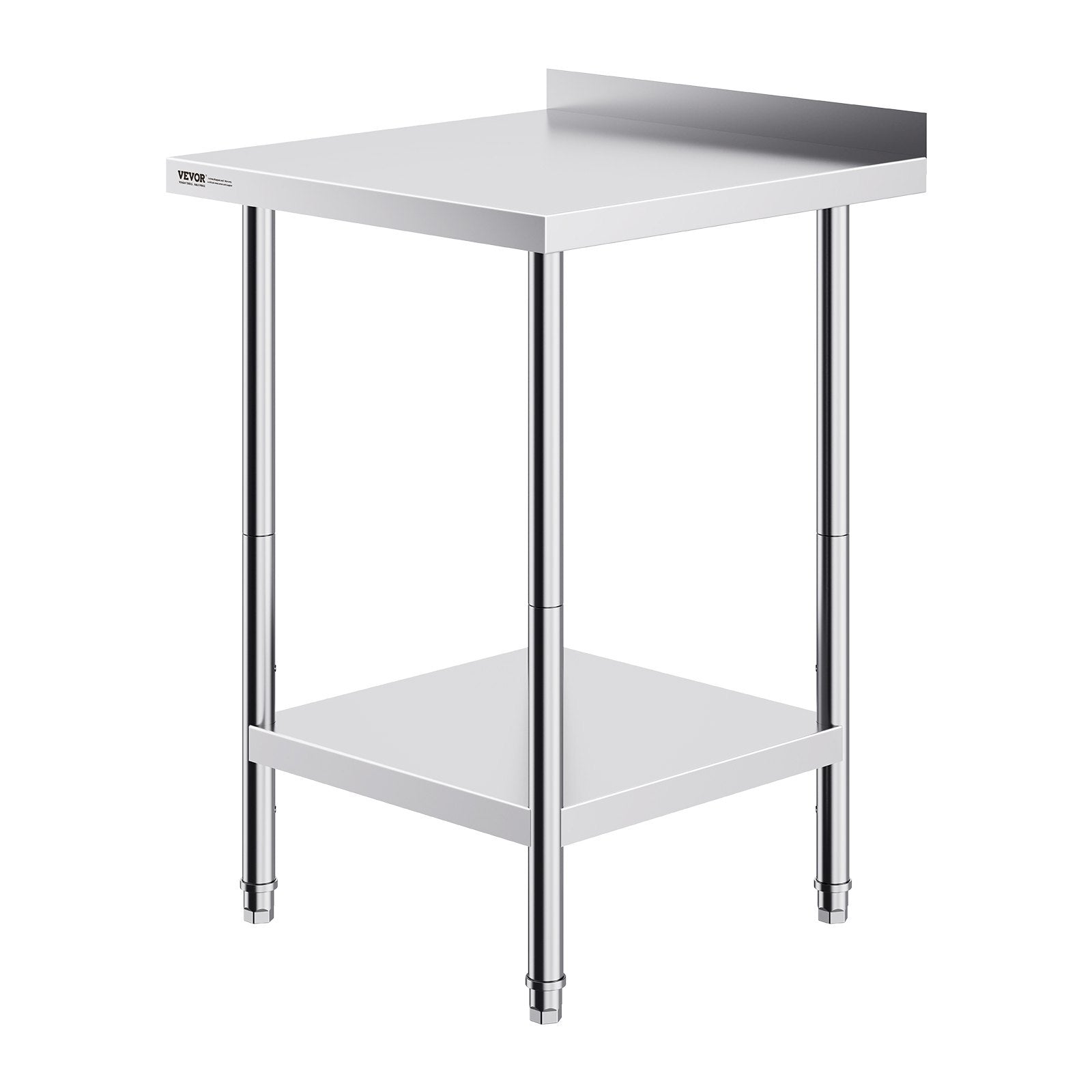 VEVOR 24x24x36 inch tall stainless steel work table with 2-inch backsplash and adjustable height for commercial kitchen prep

