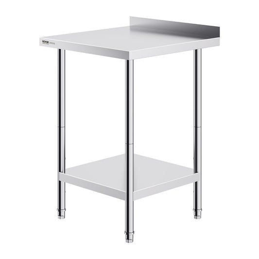 VEVOR 24x24x36 inch tall stainless steel work table with 2-inch backsplash and adjustable height for commercial kitchen prep
