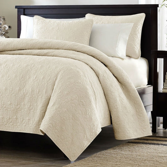 Full Queen ivory beige quilted coverlet set with elegant textured pattern, 3-piece luxury bedding including coverlet and pillow shams
