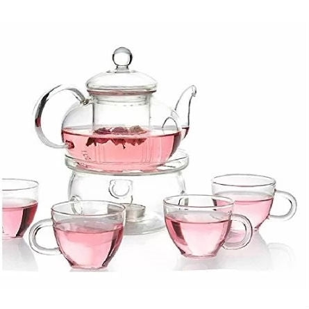 6-piece glass tea pot set with warmer infuser and 4 cups on white background
