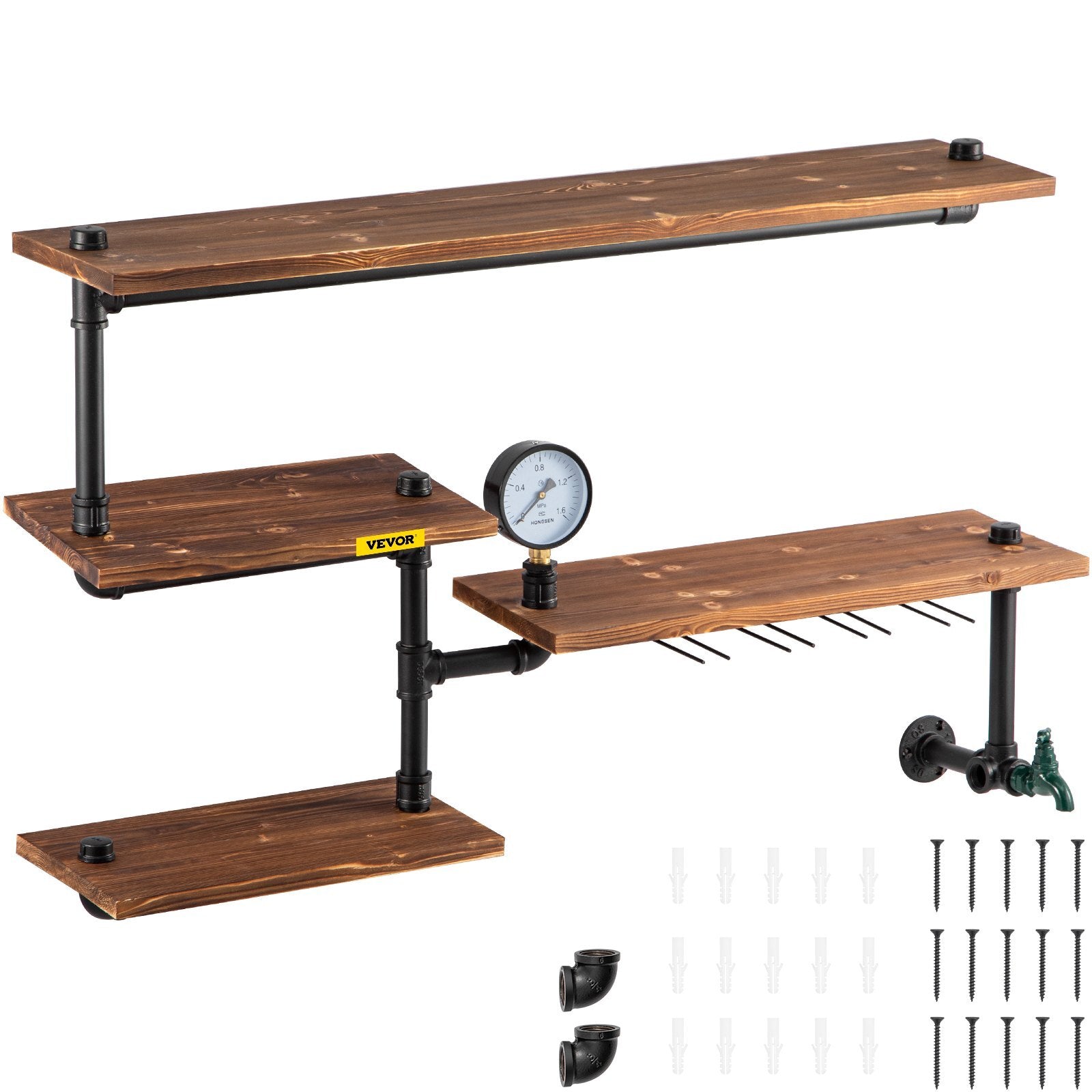 VEVOR industrial pipe shelving 4-tier rustic wood wall mounted floating shelves brown solid wood planks black metal pipes for kitchen bathroom office home decor storage
