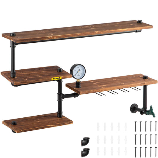 VEVOR industrial pipe shelving 4-tier rustic wood wall mounted floating shelves brown solid wood planks black metal pipes for kitchen bathroom office home decor storage
