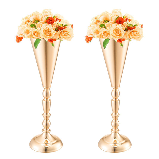 10 piece set gold metal wedding trumpet vases 16.9 inch tall centerpiece stands with French gold finish
