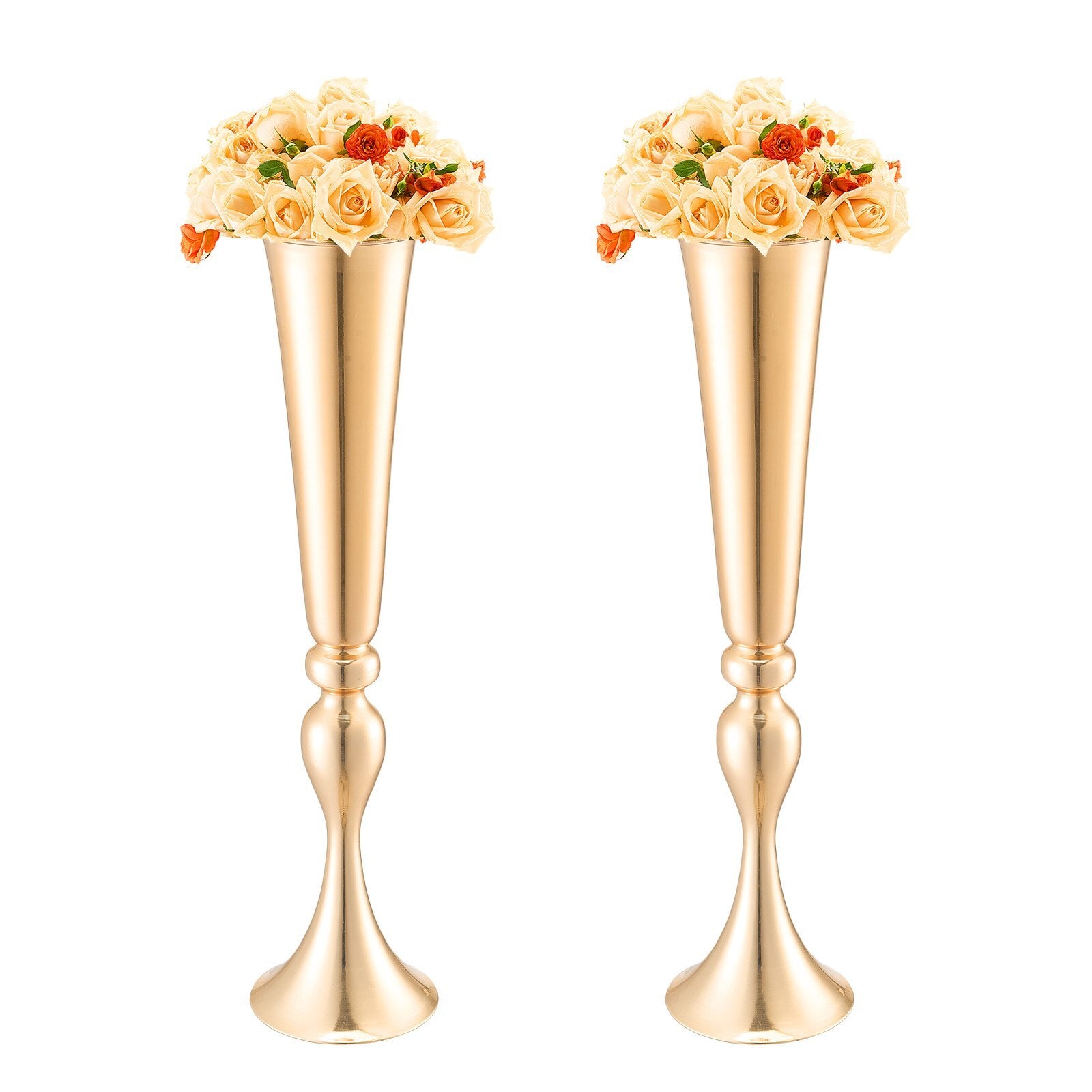 Set of 2 tall gold metal trumpet wedding vases, 22 inch French gold centerpiece holders for elegant event table decor
