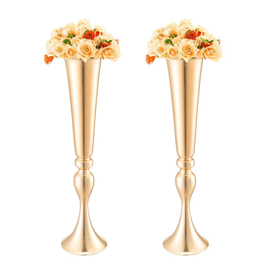 Set of 2 tall gold metal trumpet wedding vases, 22 inch French gold centerpiece holders for elegant event table decor
