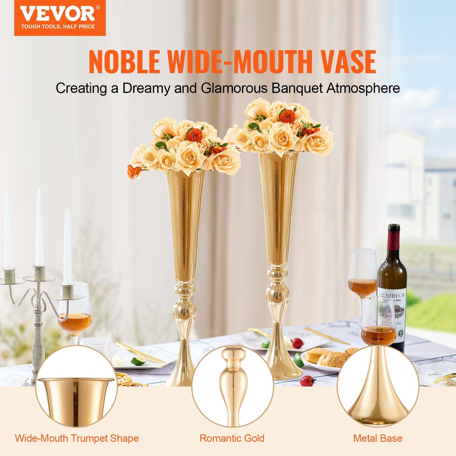 Gold trumpet vase pair showing French gold electroplating and stable metal construction, 22 inch wedding centerpiece set

