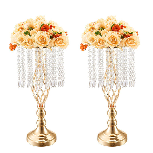 Set of 12 tall gold crystal wedding flower stands, 19.3 inch metal centerpiece vases with French gold finish for elegant event decor
