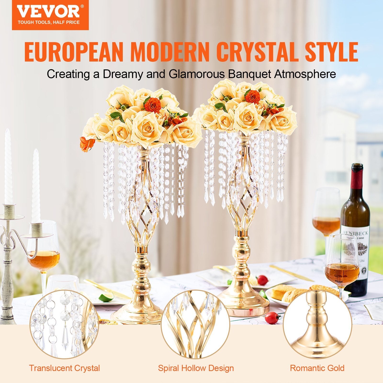 Gold metal wedding centerpiece vase with crystal accents showing detailed French gold electroplating, 19.3 inch tall flower holder for formal events
