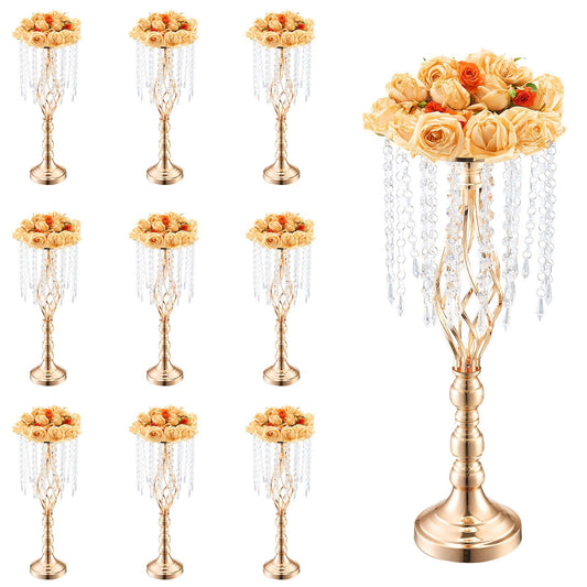 Set of 10 tall gold crystal wedding flower stands 21.65 inches high with French gold finish and sparkling crystal accents, elegant metal centerpiece vases for wedding reception tables and formal events