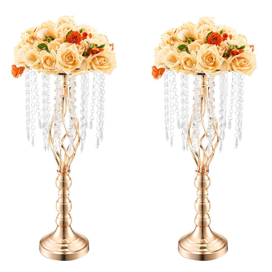 Set of 2 tall gold crystal wedding flower stands 21.65 inches high with French gold finish and sparkling crystal accents, elegant metal centerpiece vases for wedding reception tables and formal events