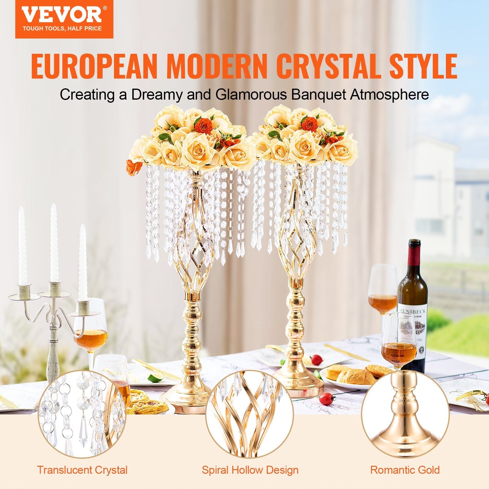 Close-up detail of gold metal wedding centerpiece vase with crystal accents showing premium French gold electroplating and 21.65 inch tall flower holder stand for elegant event decor and formal celebrations
