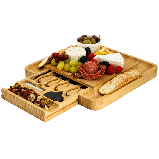 MegaChef bamboo charcuterie cheese board with slide-out drawer containing cheese utensils, bottle opener, and mini chalkboards for entertaining

