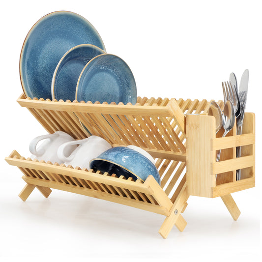 MegaChef 2-tier collapsible bamboo dish drying rack with built-in utensil holder for space-saving kitchen organization
